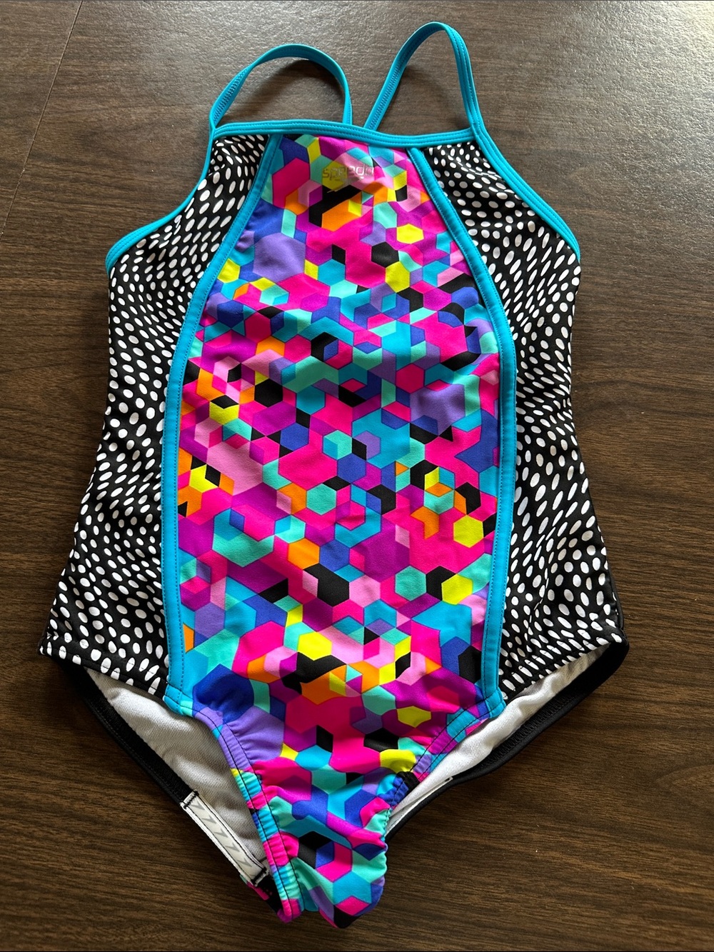Speedo Girls Multicolor Geo One-Piece Swimsuit with Turquoise Trim